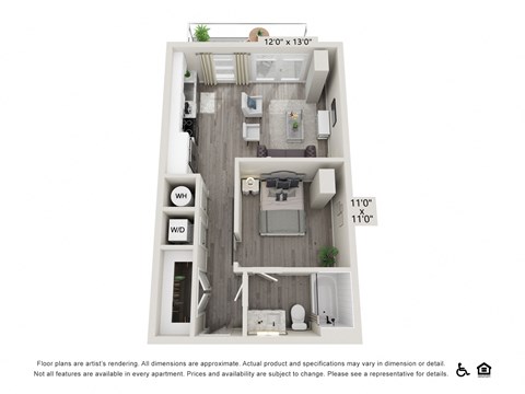 Floor plan for 1 bed, 1 bath, 632 sqft